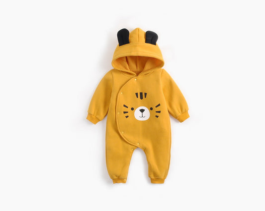 Baby Boy Cartoon Pattern Side Button Front Design Longsleeve Thick Rompers With Hat-0