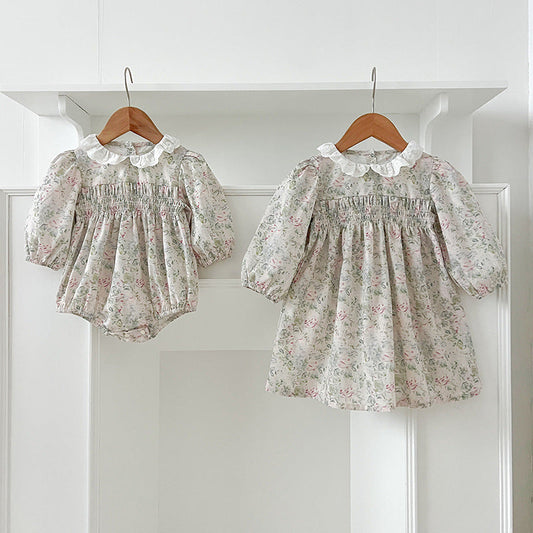 Arrival Autumn Baby Kids Girls Long Sleeves Light Green Floral French Collar Onesies and Dress – Princess Sister Matching Set-0