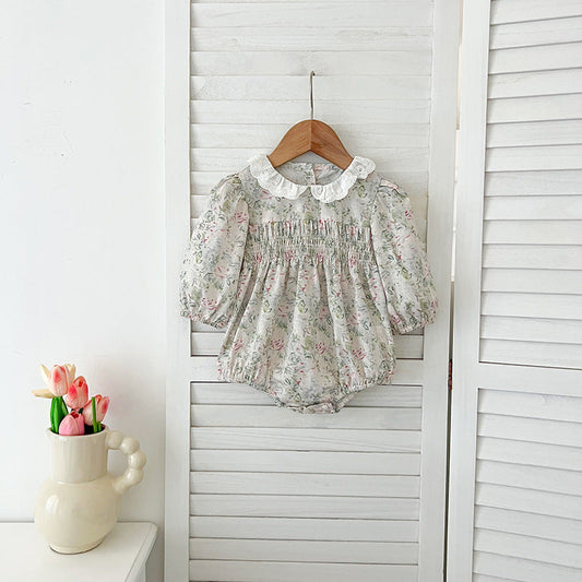 Arrival Autumn Baby Kids Girls Long Sleeves Light Green Floral French Collar Onesies and Dress – Princess Sister Matching Set-1